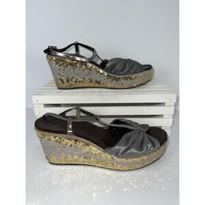 Tory Burch Sandals Womens Size 6 Gray Silver Wedge T-Strap Sequin Leather Sole